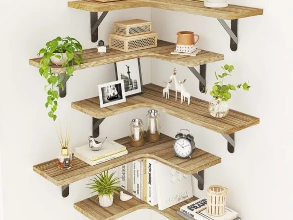 Fixwal Corner Floating Shelves, Wall Mounted Corner Shelf Set of 5, Rustic Wood Wall Shelves for Bathroom, Kitchen, Bedroom or Living Room (Carbonized Black)