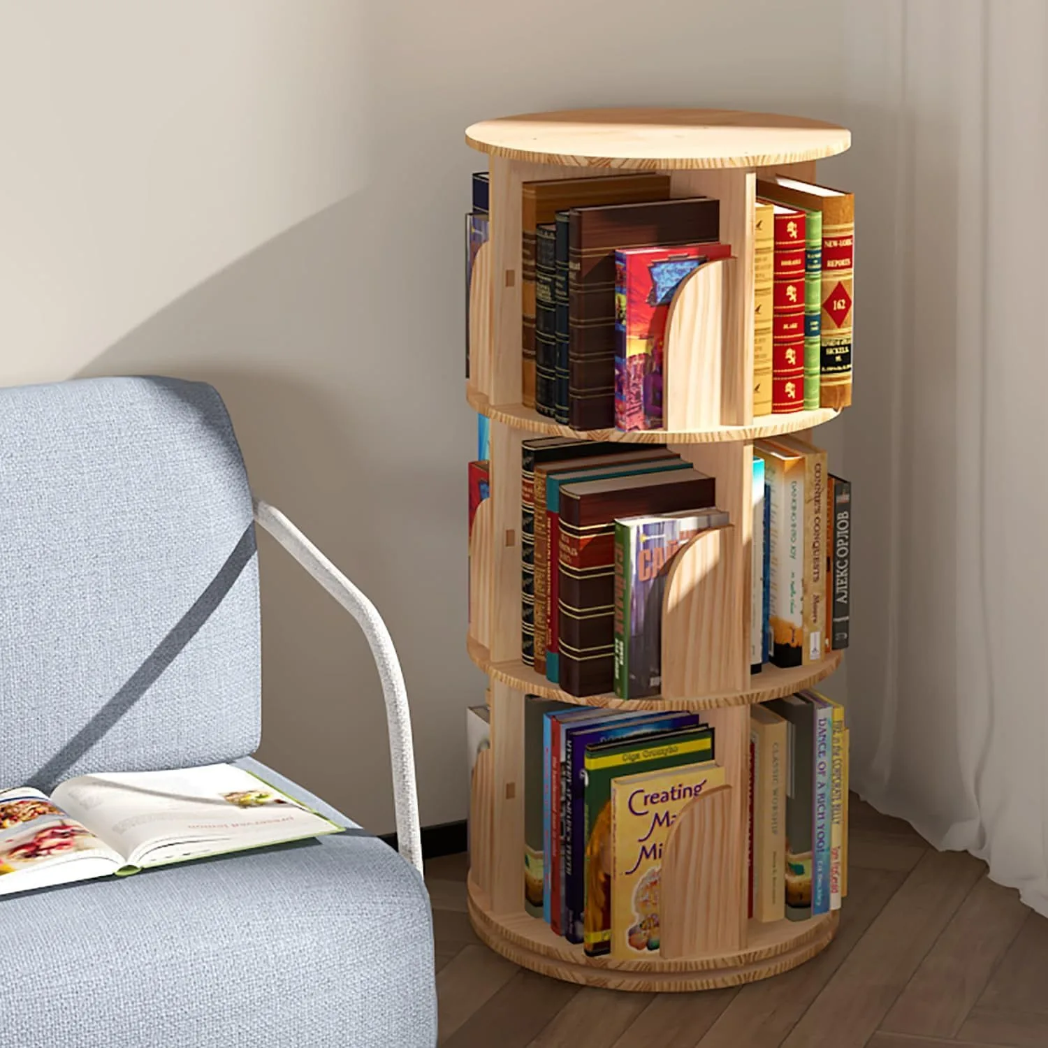Lexza 3 Tier 360 Display Rotating Bookshelf, Revolving Bookcase for Kids&Adults, Rotating Bookshelf Tower for Preschoolers' Classrooms, Nursery, Bedrooms, Living Room