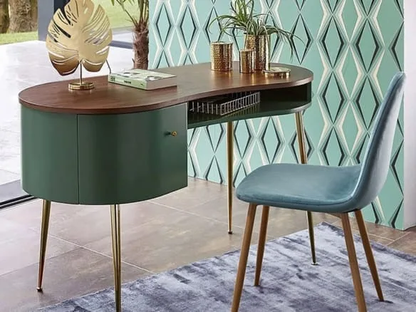 Mid-Century Modern Curved Office Desk Computer Desk with Shelf & Storage